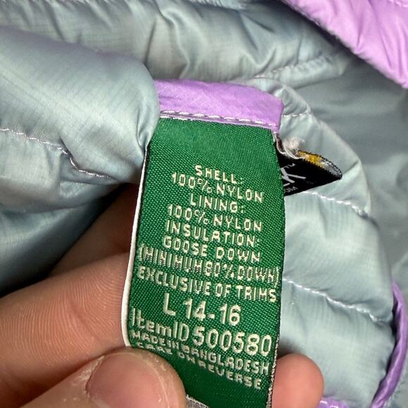 LL Bean Downtek Down Puffer Jacket Youth Girls Large 14-16 Purple Pink 18.5x23.5 - Picture 11 of 11